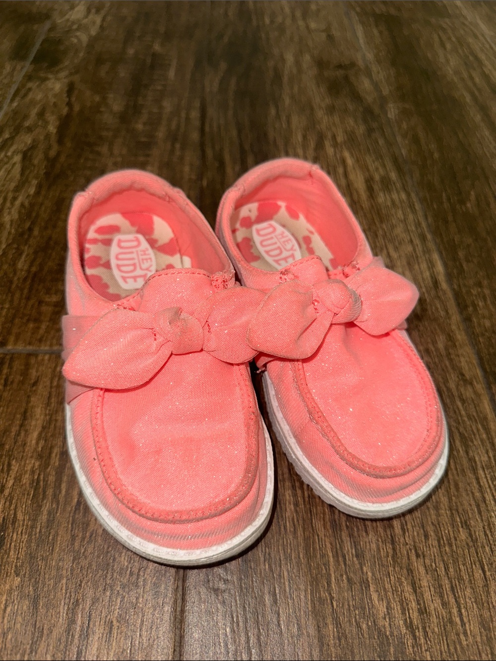 Hey Dude Kids pink sparkle Bow Slip-On Sneakers